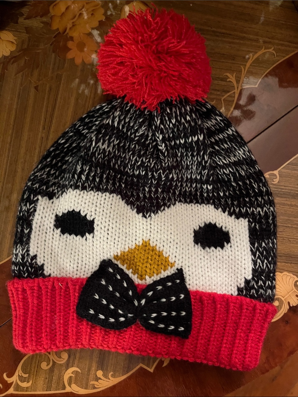 Kids Penguin Pom-Pom Beanie Hat - Red, Black & White